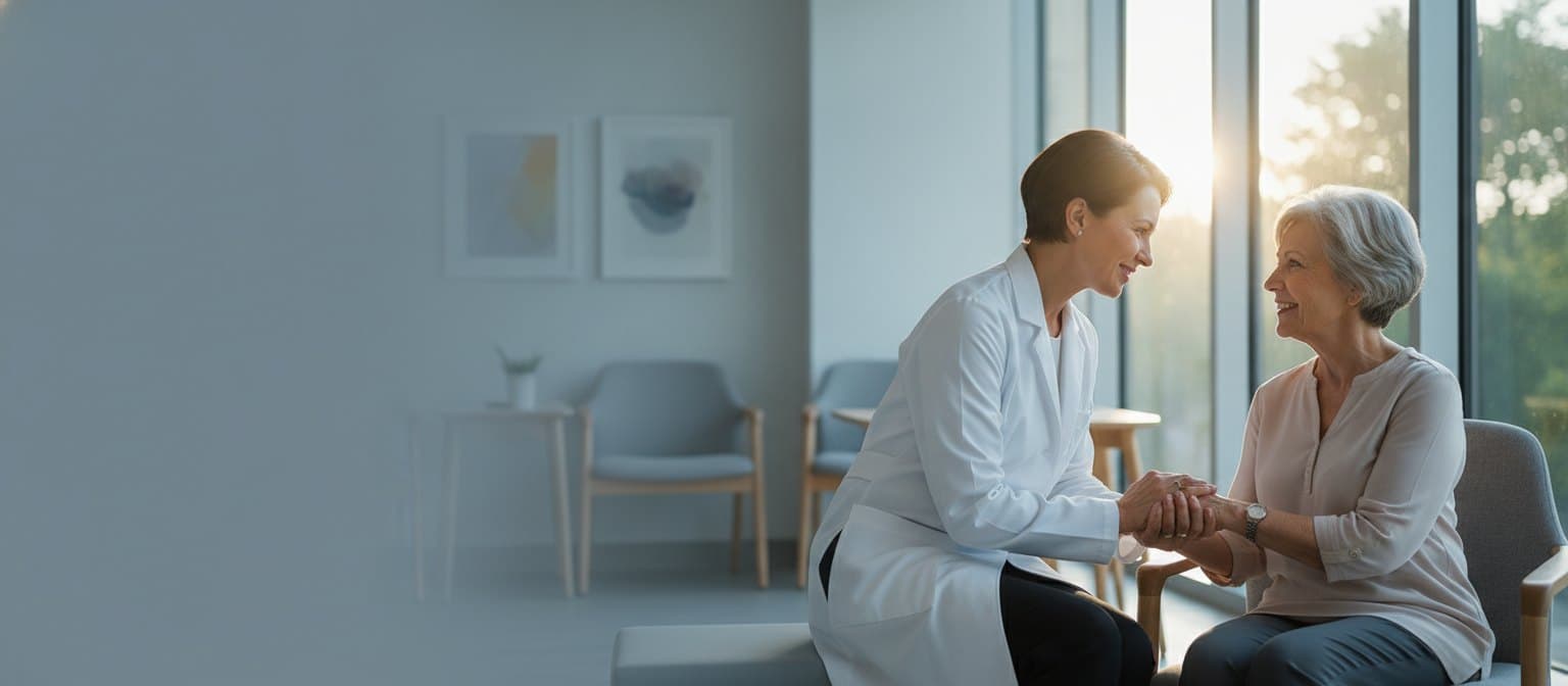 A NueVida physician holding a patient's hands in a bright clinic room